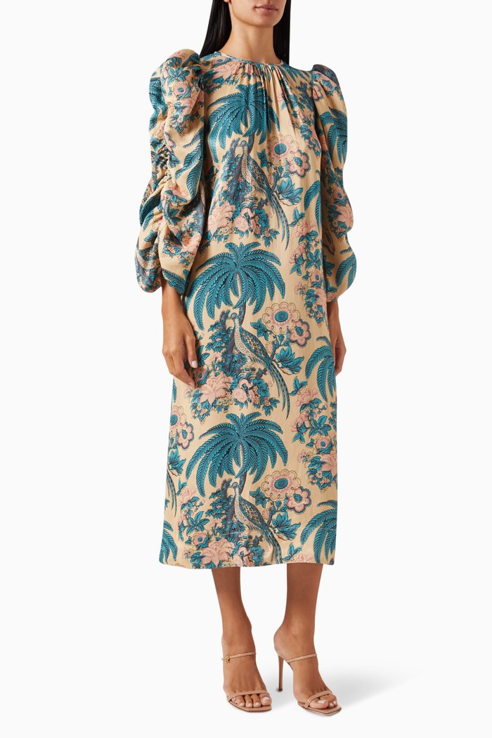 

Printed Midi Dress in Crépe-satin, Blue