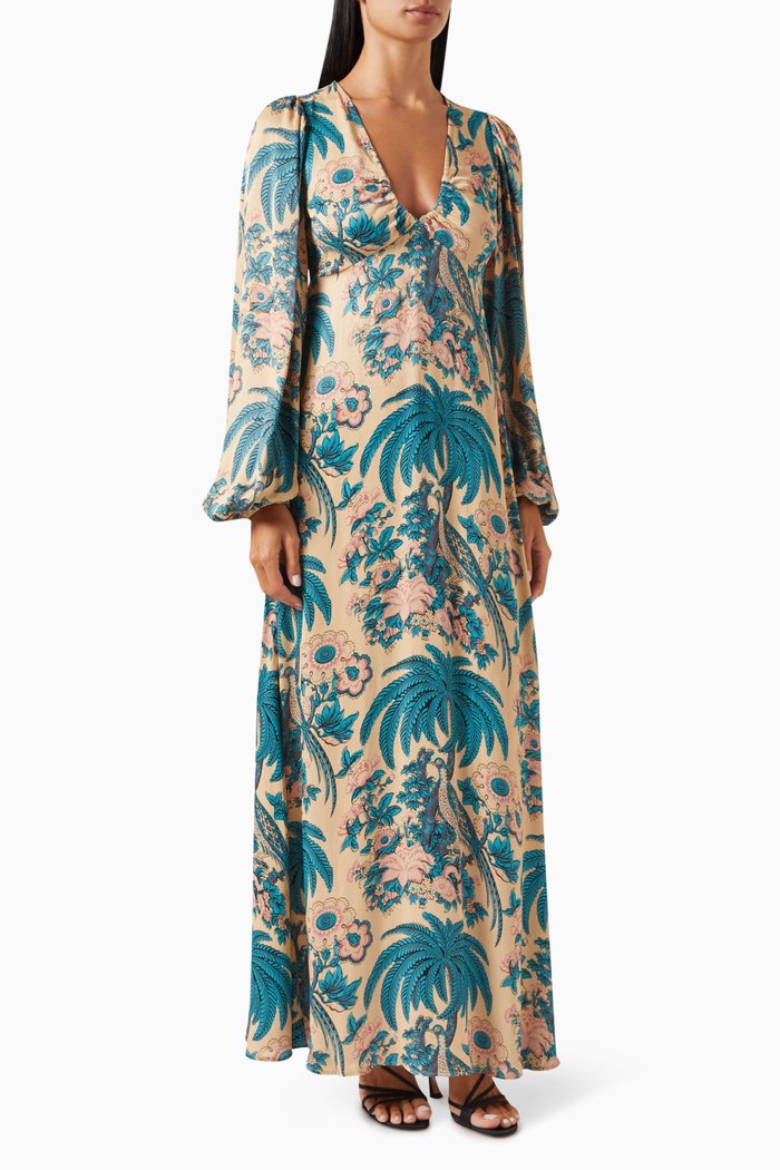 

Printed Maxi Dress in Crépe-satin, Blue
