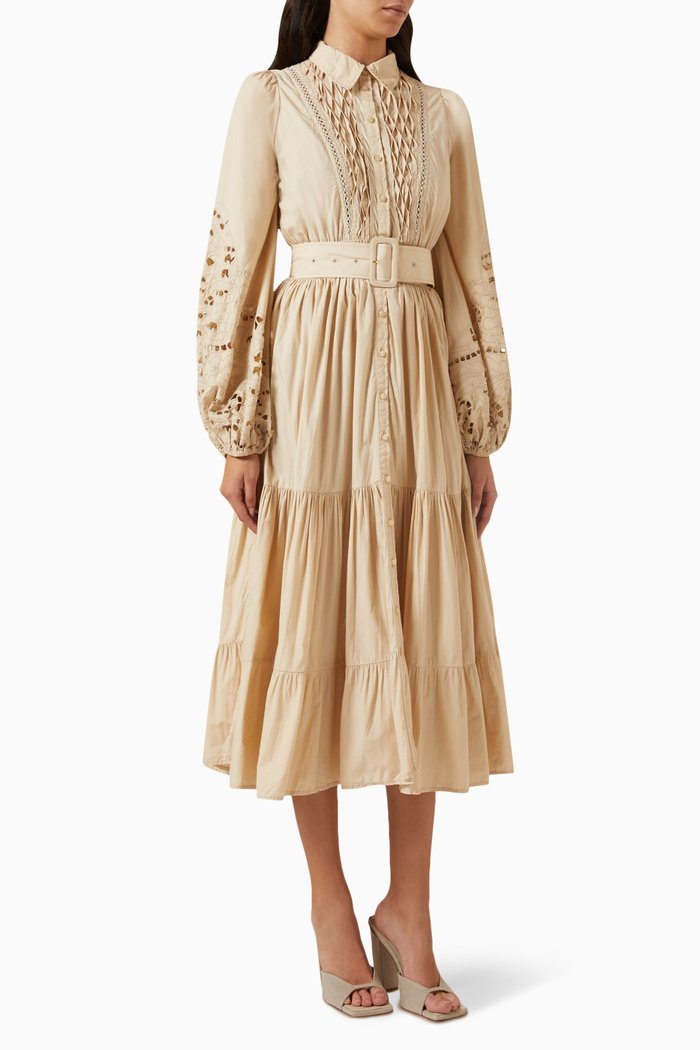 

Belted Midi Dress in Poplin, Neutral
