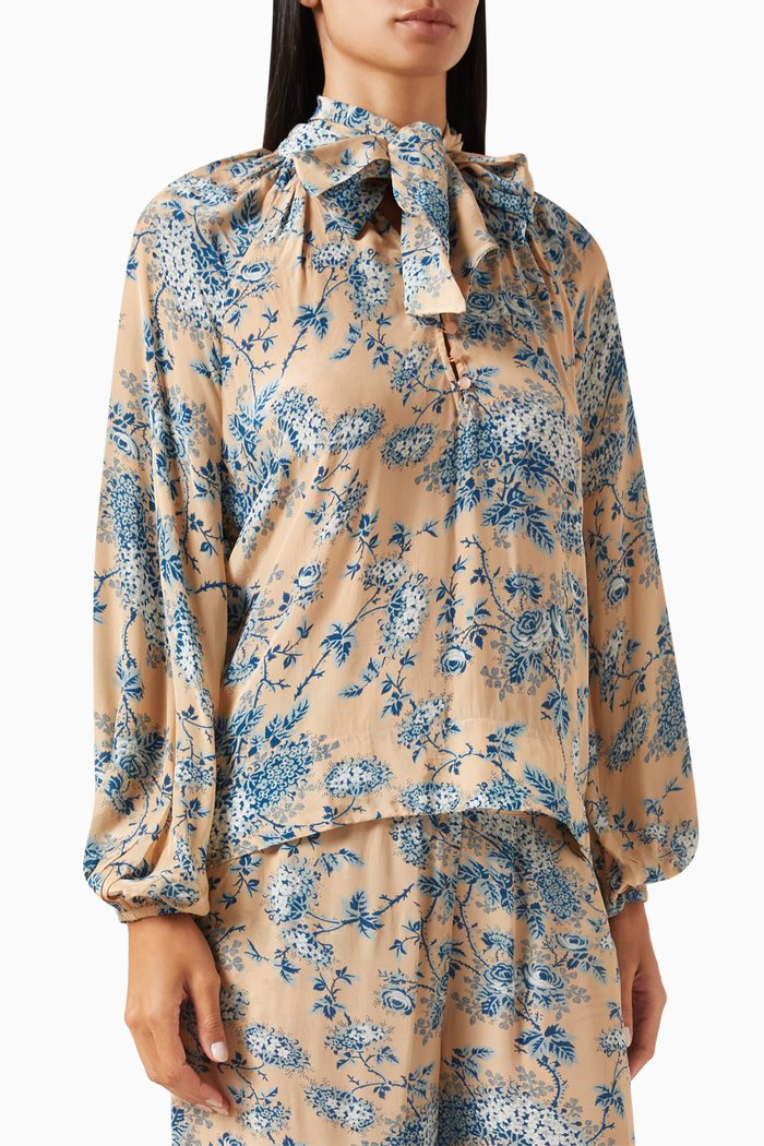 

Printed Neck-tie Blouse in Satin, Blue