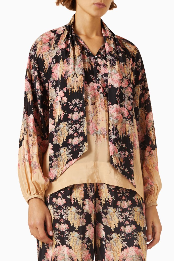 

Printed Neck-tie Blouse in Satin, Multicolour