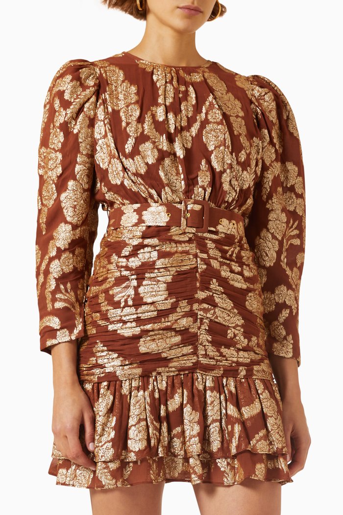 

Ruched Mini Dress in Brocade Georgette, Brown