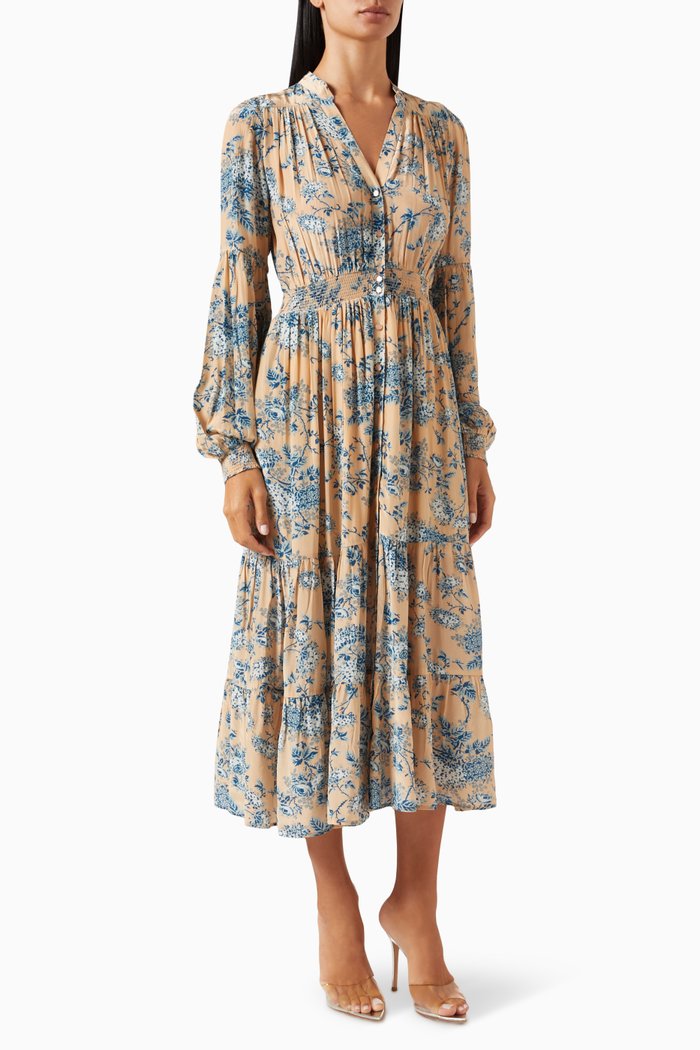 

Printed Midi Dress in Satin, Blue