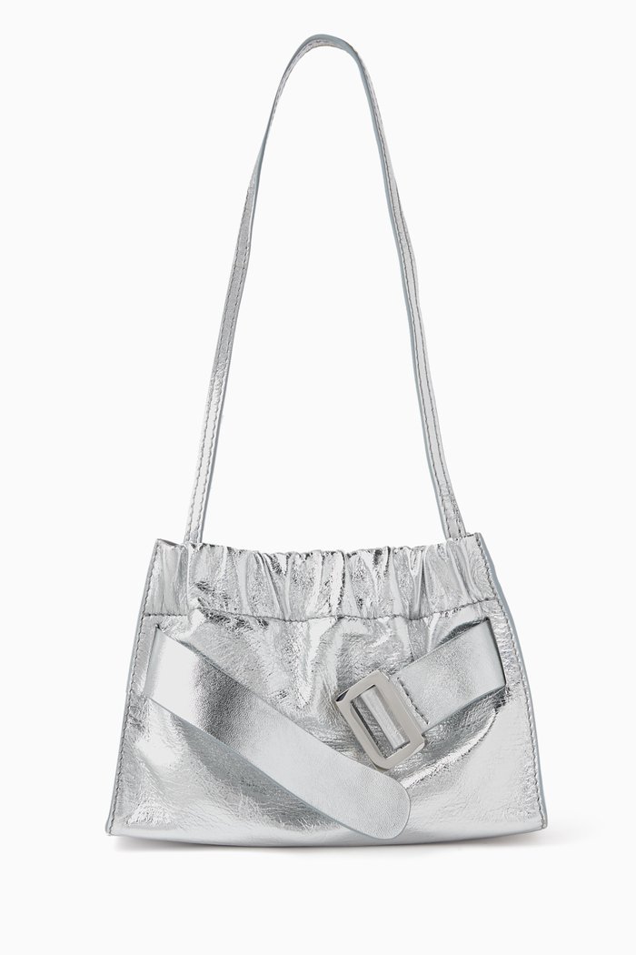 

Mini Square Scrunchy Soft Bag in Metallic Leather, Silver