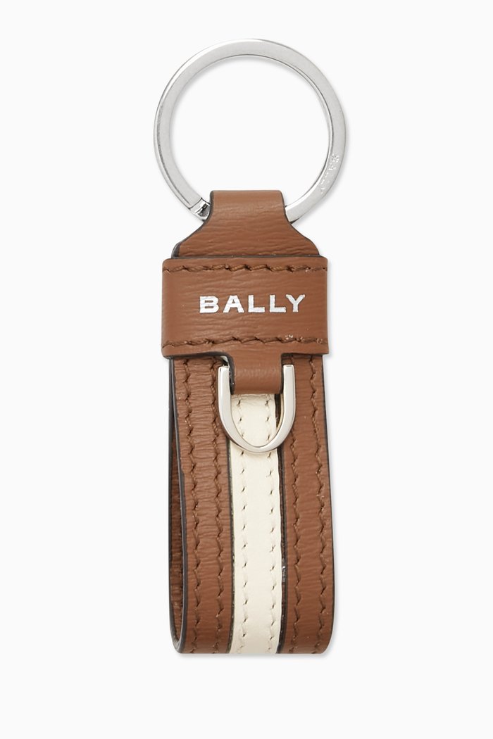 

Logo Stripe Key Ring in Leather, Brown