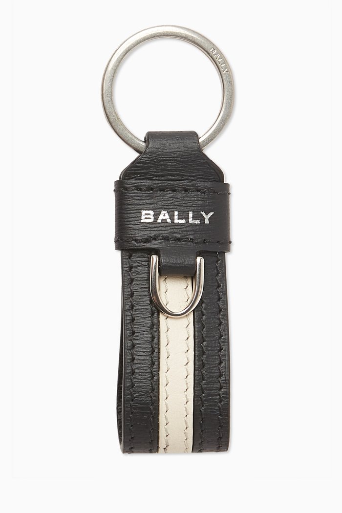 Logo Stripe Key Ring in Leather, Black
