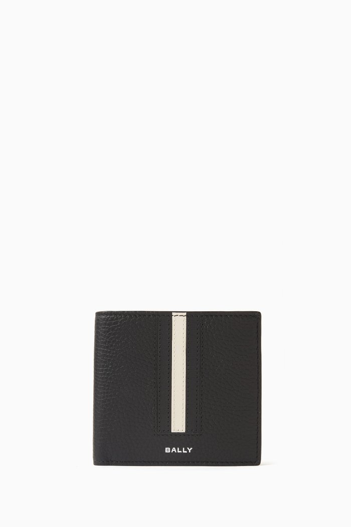 

Logo Stripe Bi-fold Wallet in Leather, Black