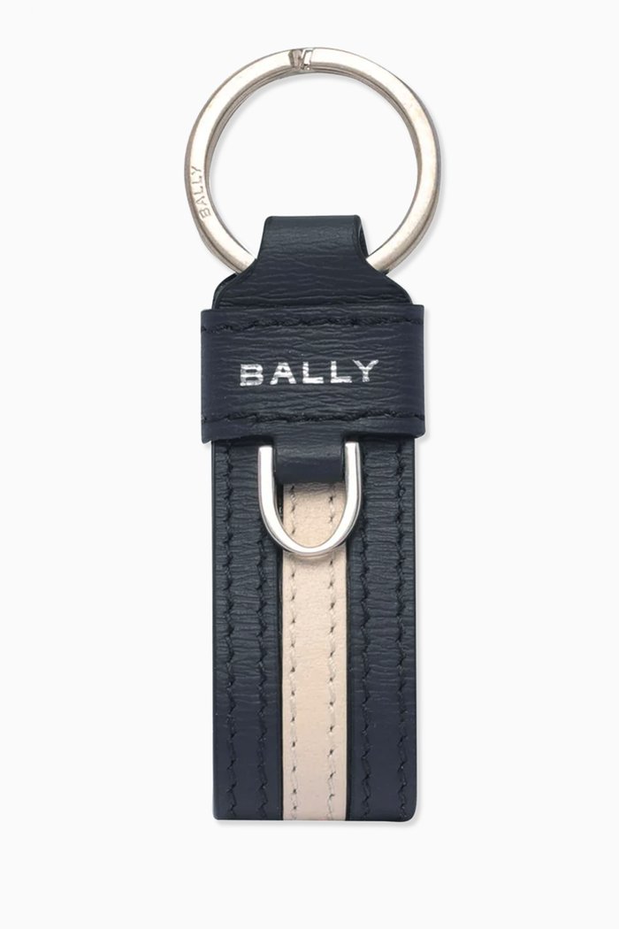 

Logo Stripe Key Ring in Leather, Blue
