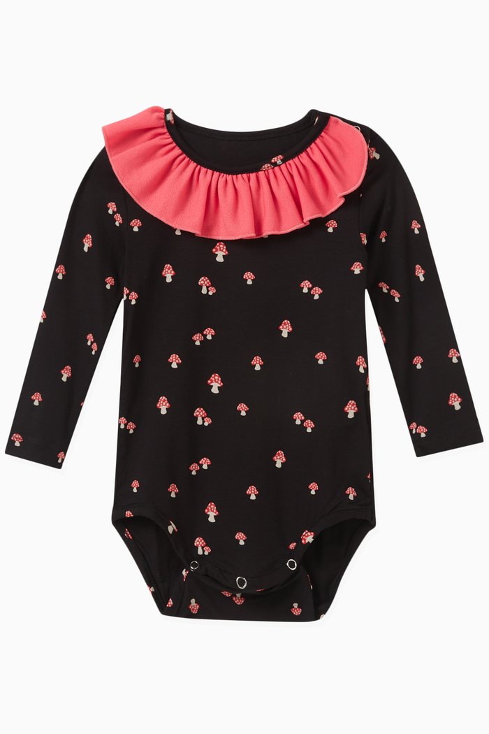 

Anna Mushroom-print Ruffled Bodysuit in Organic Cotton, Black