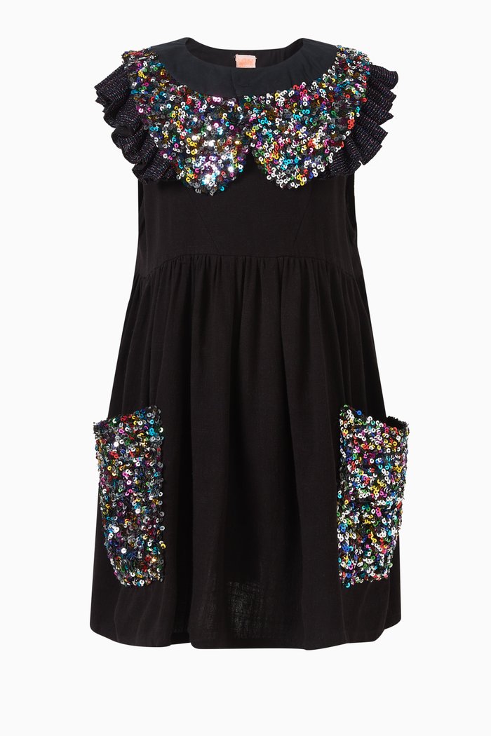 Clementine Konfetti Dress in Linen-Blend, Black