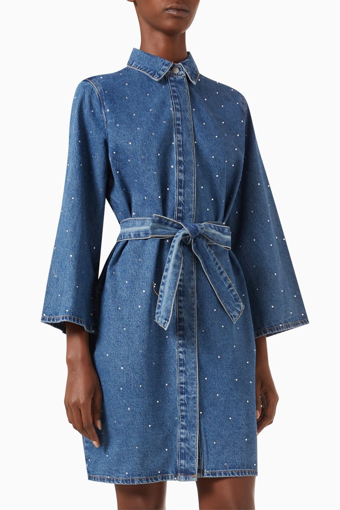

Yasristo Embellished Mini Shirt Dress in Organic Denim, Blue