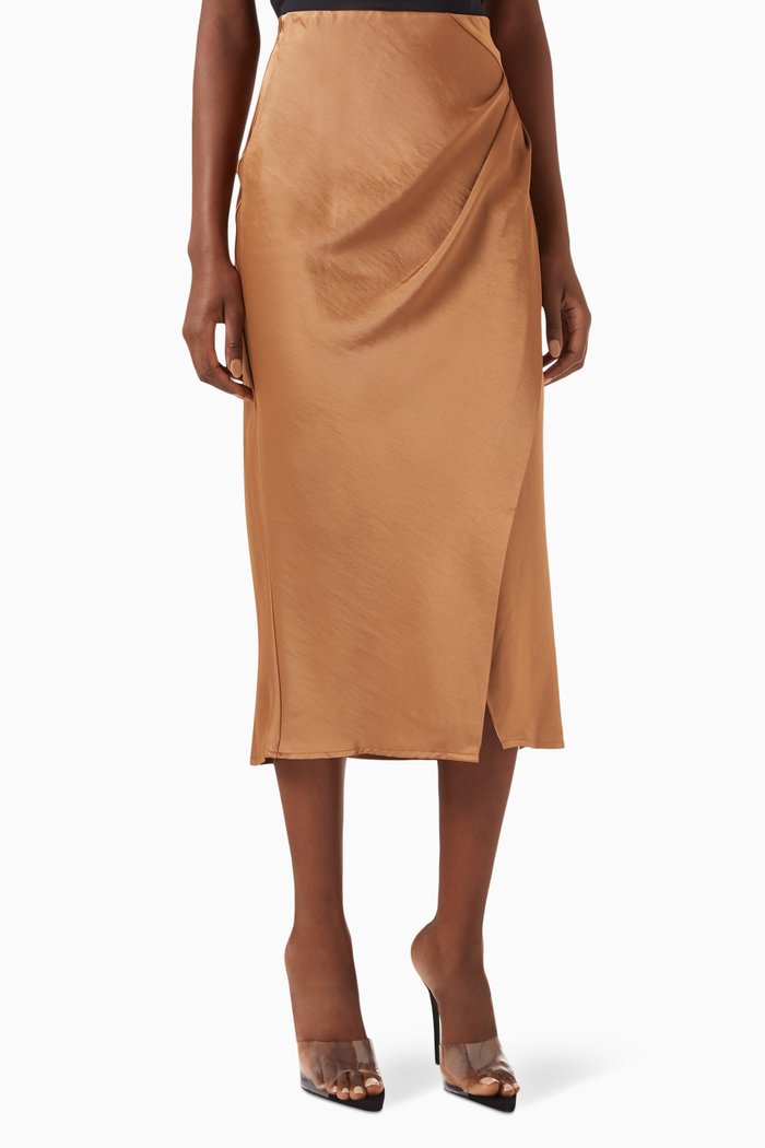 

Yaspista Draped Midi Skirt in Satin, Brown