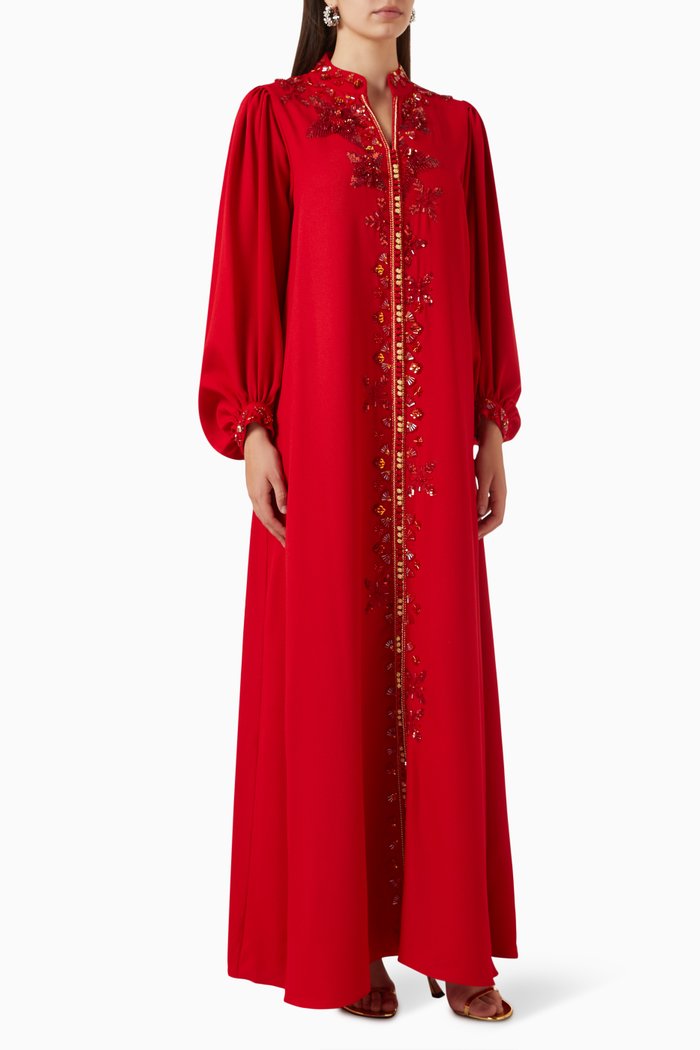Moroccan Embellished Kaftan in Crepe, Red