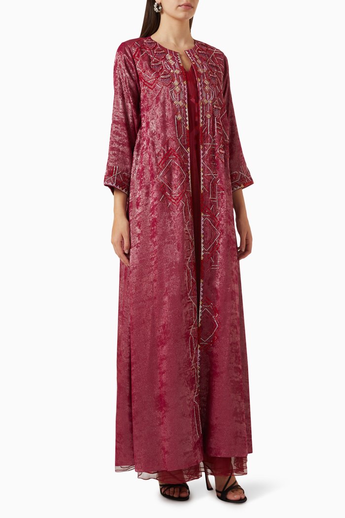 

Embellished Kaftan Set in Metallic Crepe, Red