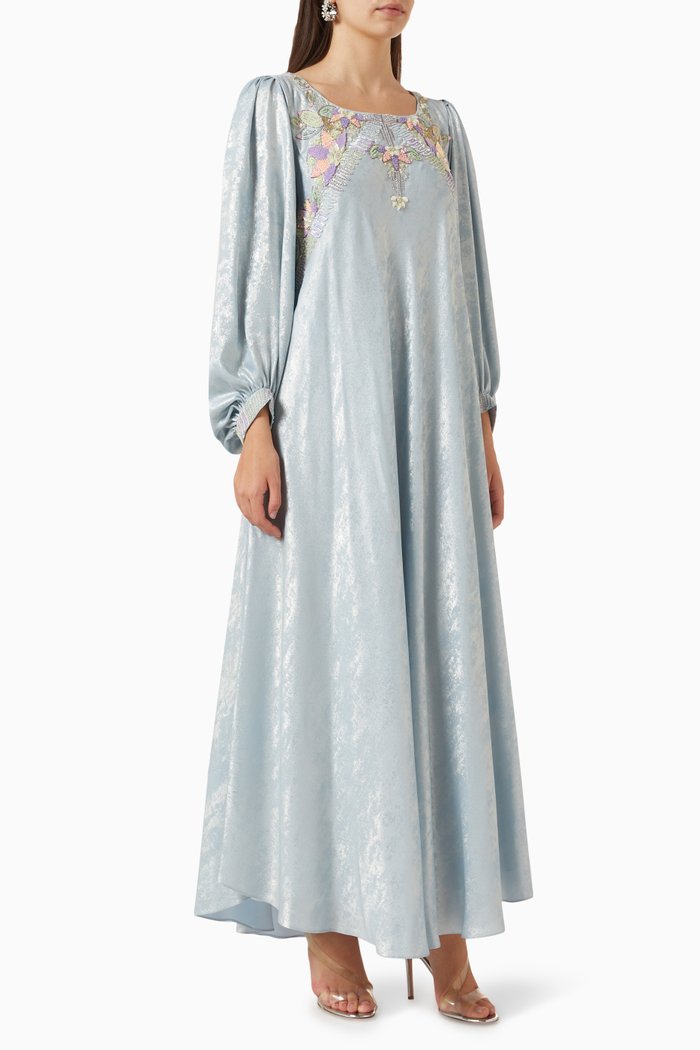 

Embellished Maxi Dress in Metallic Crepe, Blue