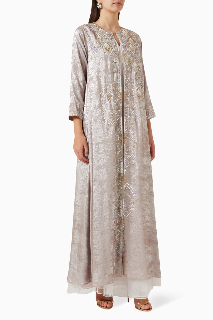 

Embellished Kaftan Set in Metallic Crepe & Tulle, Silver