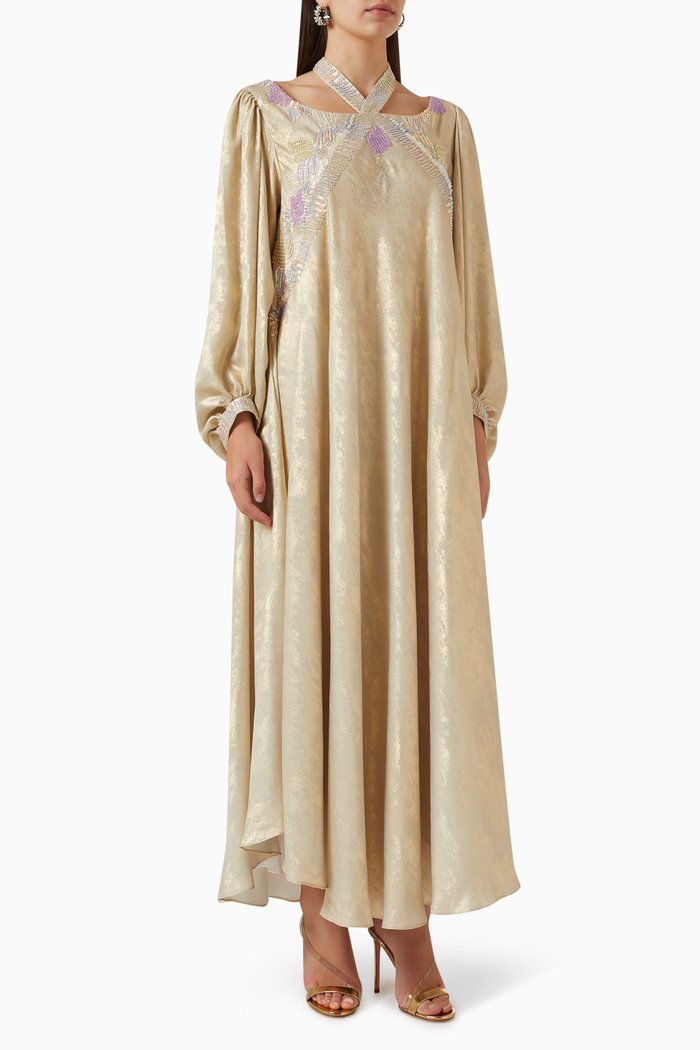 

Embellished Maxi Dress in Metallic Linen, Neutral