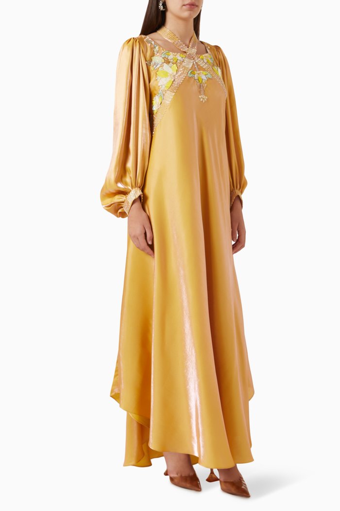 

Embellished Maxi Dress in Metallic Linen, Yellow
