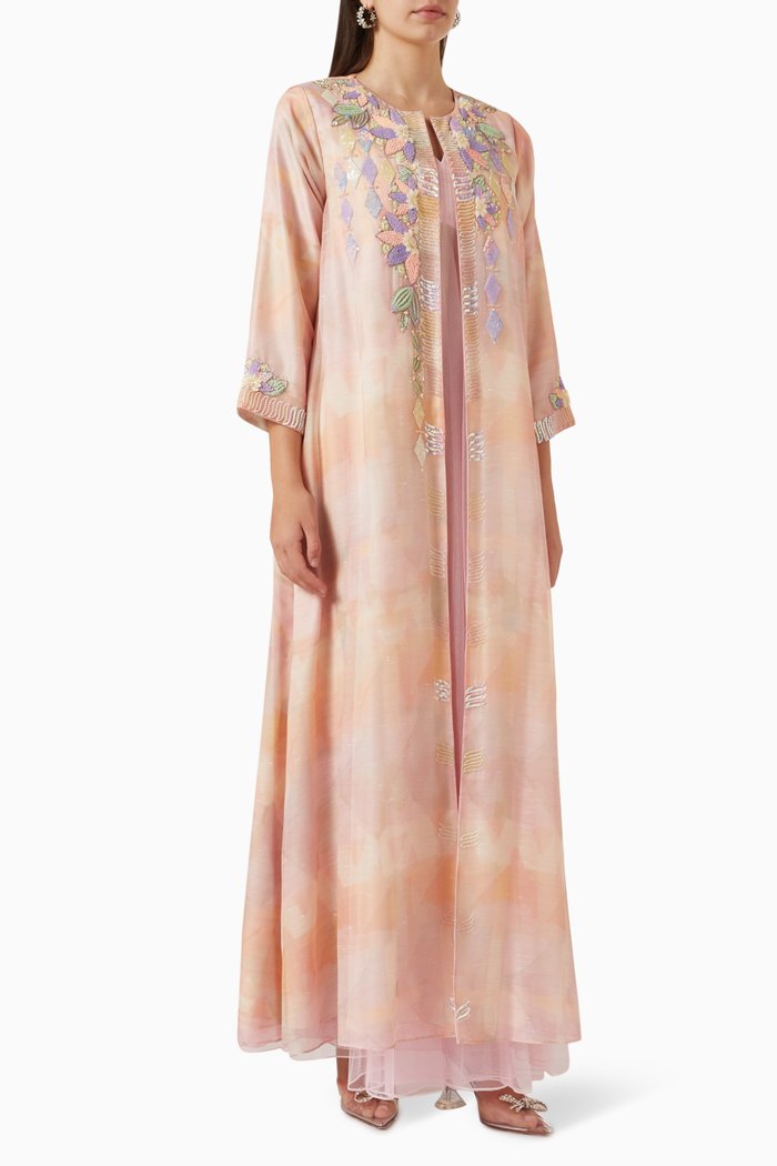 

Embellished Kaftan Set in Linen & Tulle, Orange