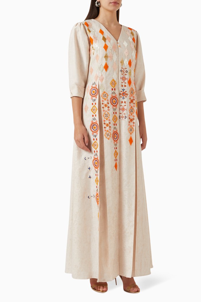 

Embroidered Maxi Dress in Linen, Orange