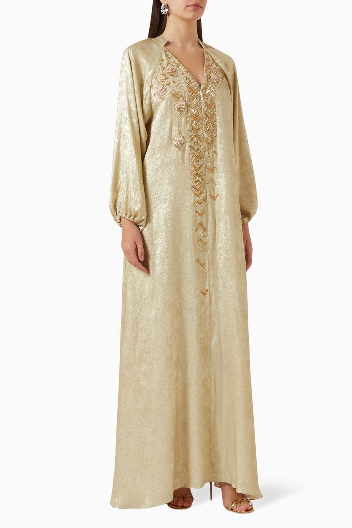 

Embellished Maxi Dress in Metallic Crepe, Gold