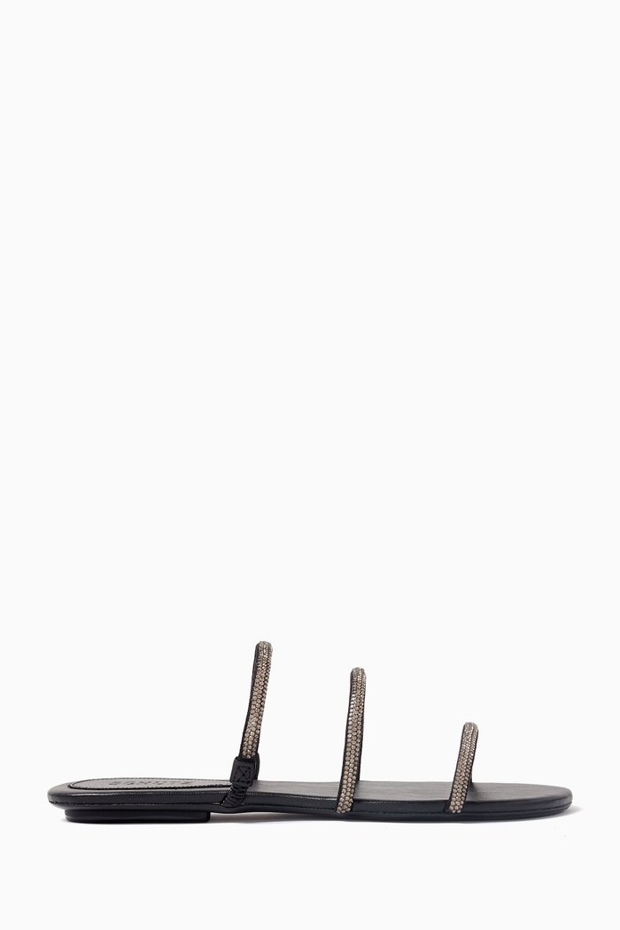 

Crystal Flat Sandals in Leather, Black