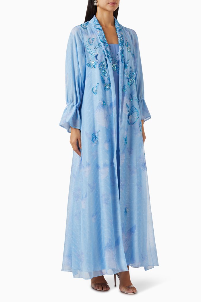 

Sequin-embellished Jacket & Dress Set in Linen, Blue