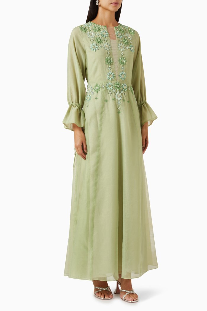 Floral Bead-embellished Maxi Dress in Organza, Green