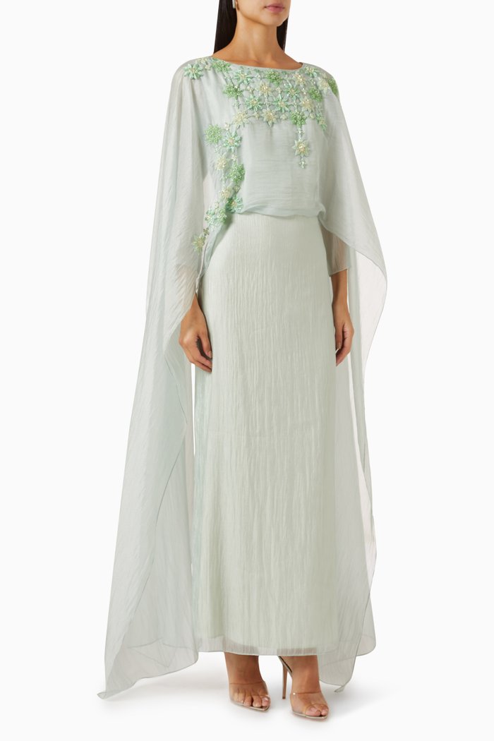 Floral Bead-embellished Dress in Organza, Green