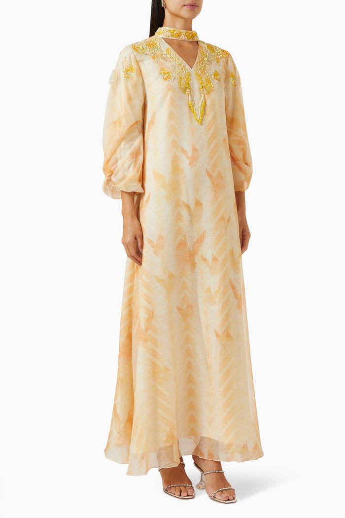 Bead-embellished Dress in Linen, Orange