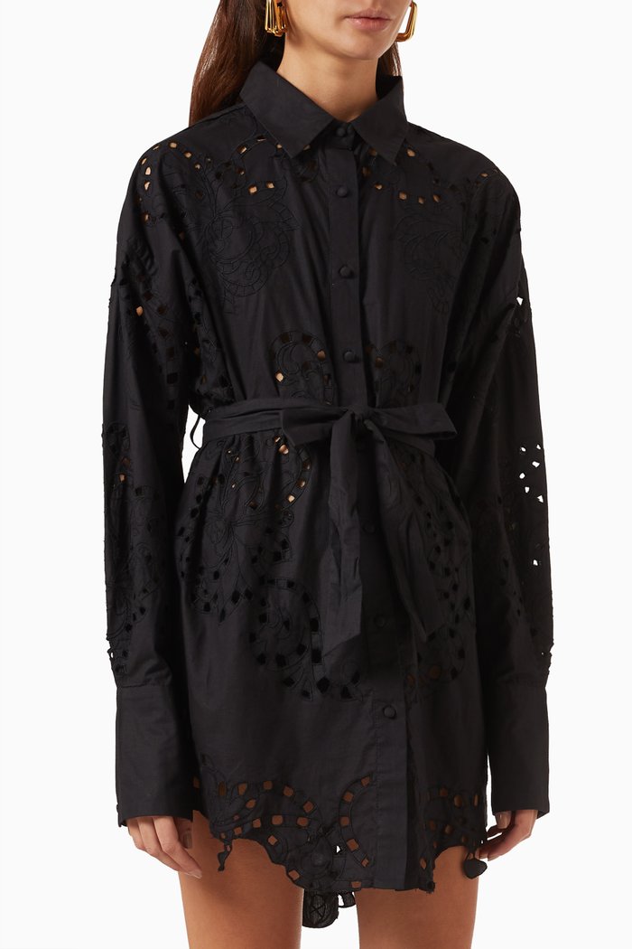 

Mohi Broderie Anglaise Shirt Mini Dress in Cotton, Black