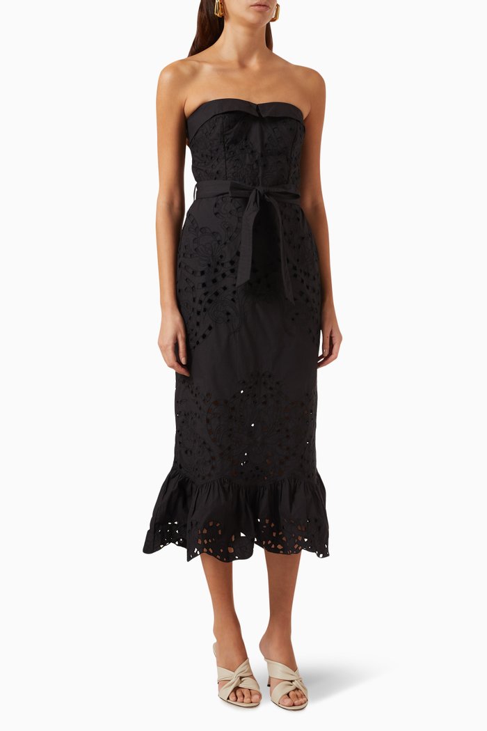 

Mohi Strapless Broderie Anglaise Midi Dress in Cotton, Black
