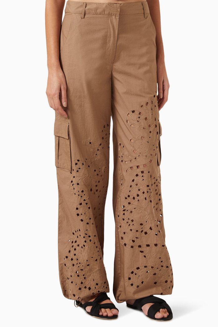 

Mohi Broderie Anglaise Cargo Pants in Cotton, Brown