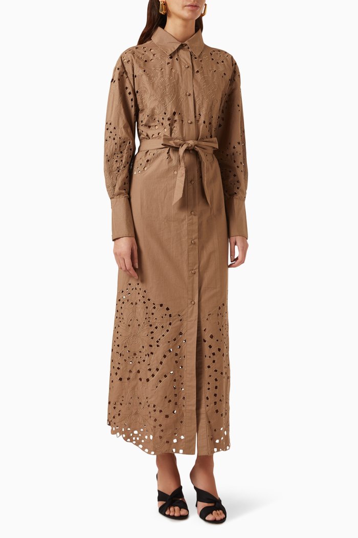 

Mohi Broderie Shirt Dress in Cotton, Brown