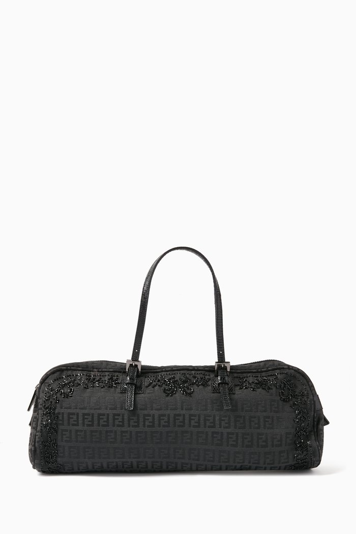 

Embellished Bowler Shoulder Bag in Canvas, Black