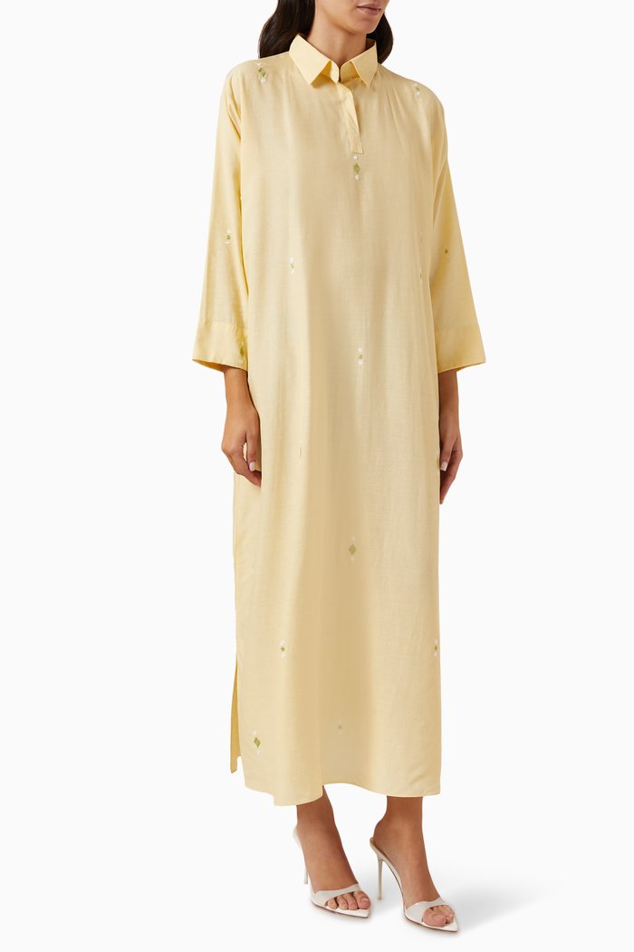 

Embroidered Kaftan in Linen, Yellow