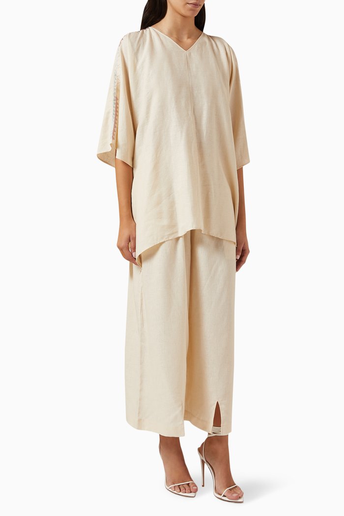 

Embroidered Top & Pants Set in Linen, Neutral