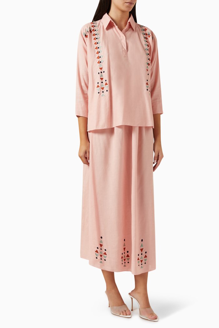 

Embroidered Top & Midi Skirt Set in Linen, Pink