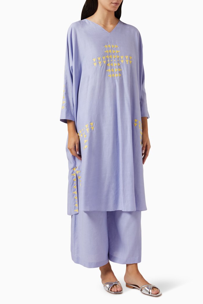 

Embroidered Top & Pants Set in Linen, Blue