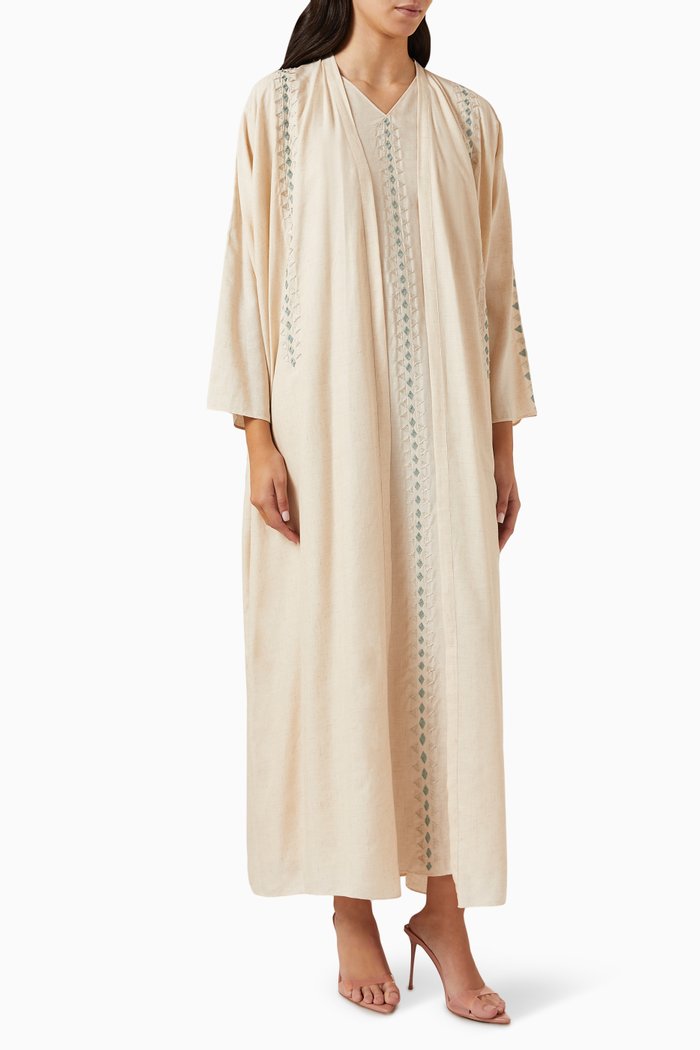 

3-piece Embroidered Abaya Set in Linen, Neutral