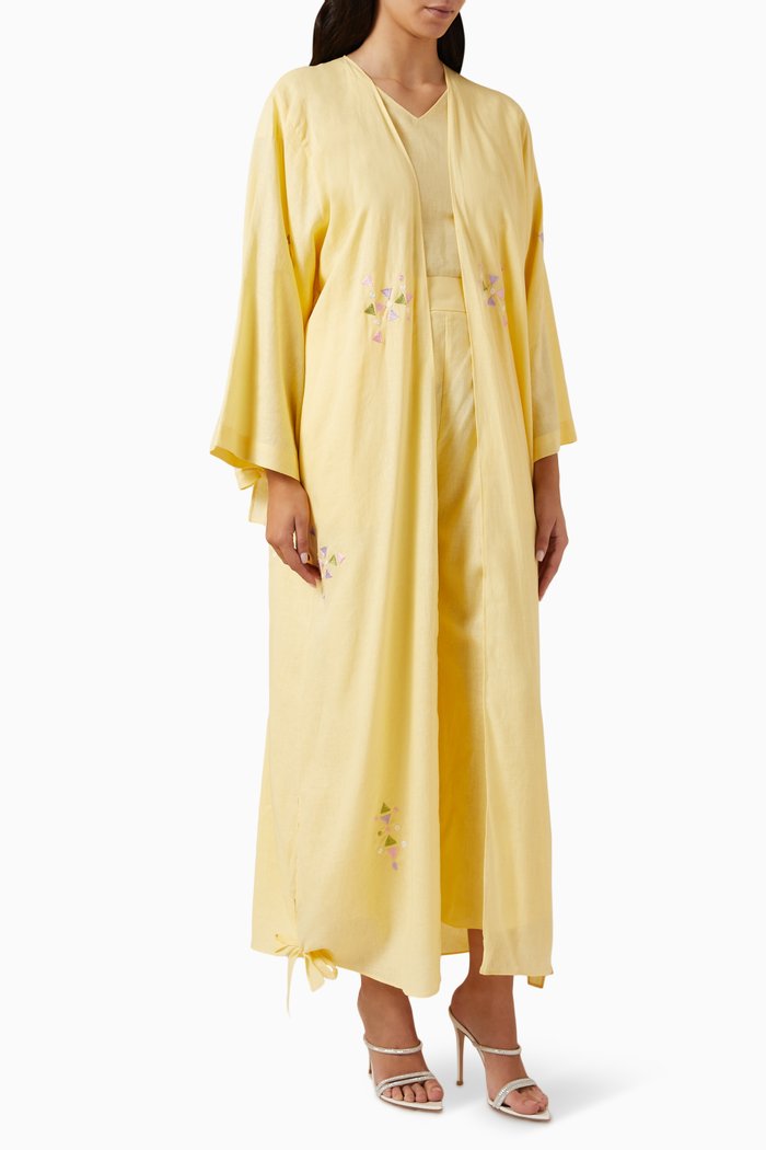 

3-piece Embroidered Travel Abaya Set in Linen, Yellow