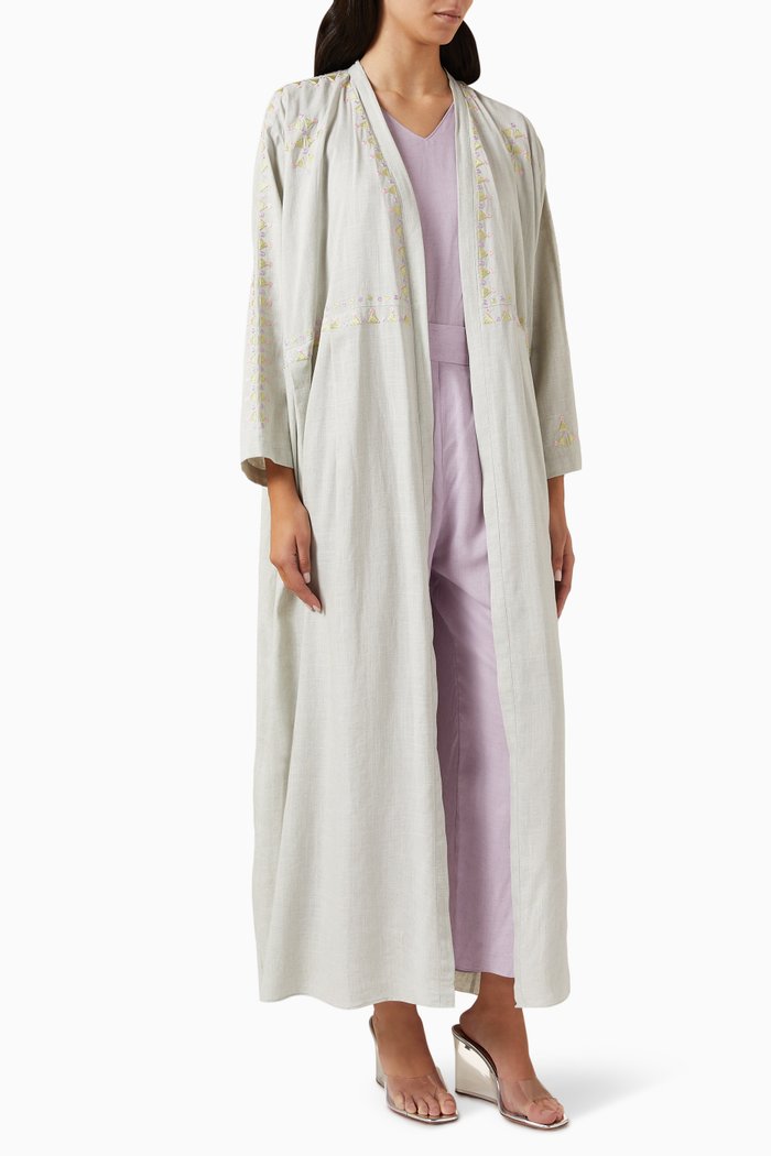 

3-piece Embroidered Travel Abaya Set in Linen, Grey