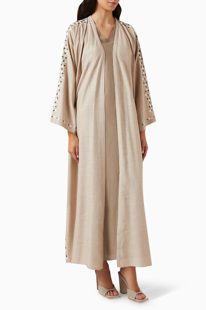 3-piece Embroidered Abaya Set in Linen, Brown