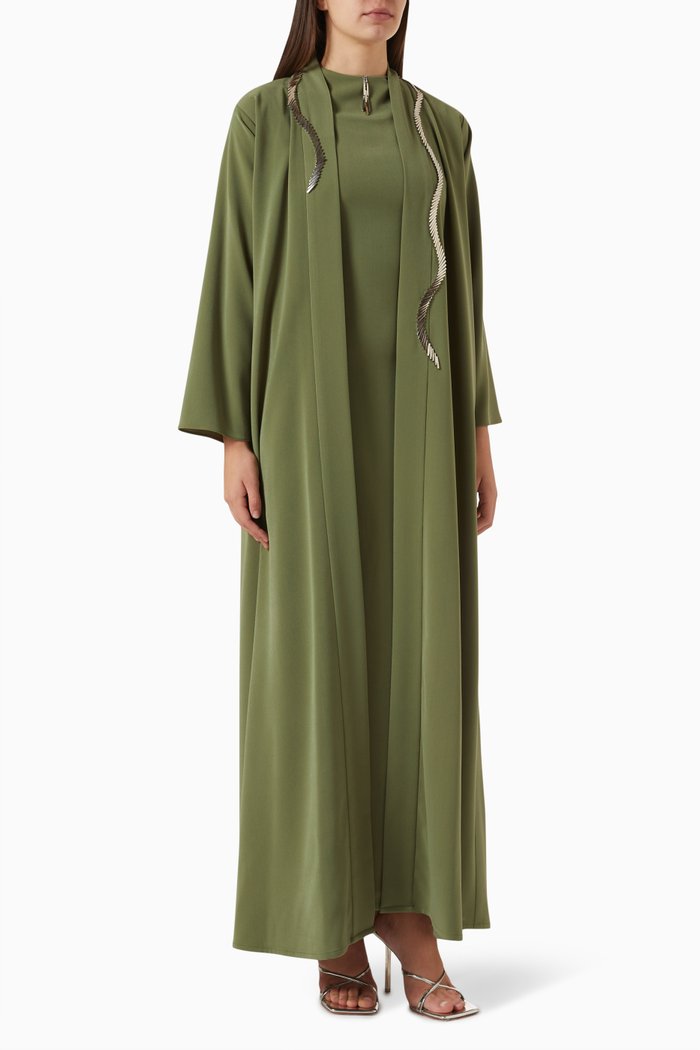 

3-piece Bead-embellished Abaya Set, Green