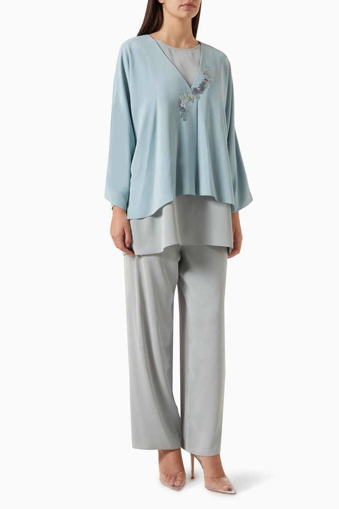 

3-piece Sequin-embellished Top & Pants Set in Crepe, Blue