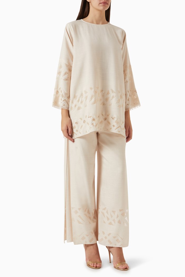 

2-piece Sequin-embellished Top & Pants Set in Linen, Neutral