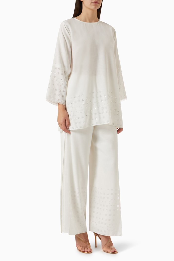 

2-piece Sequin-embellished Top & Pants Set in Linen, Neutral