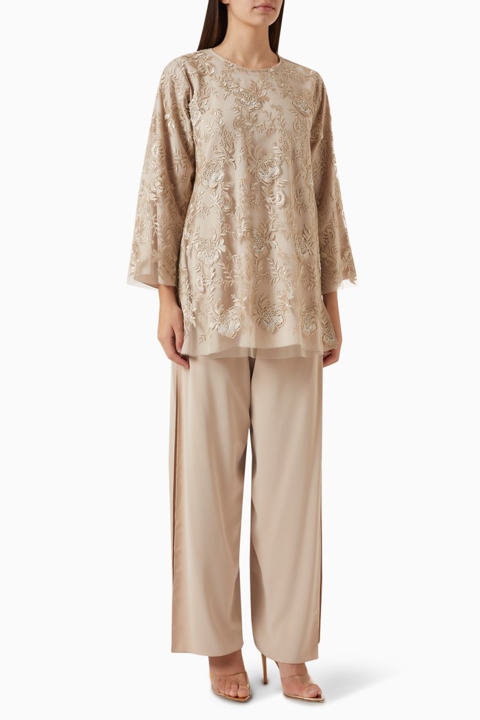 

2-piece Embroidered Top & Pants Set, Neutral