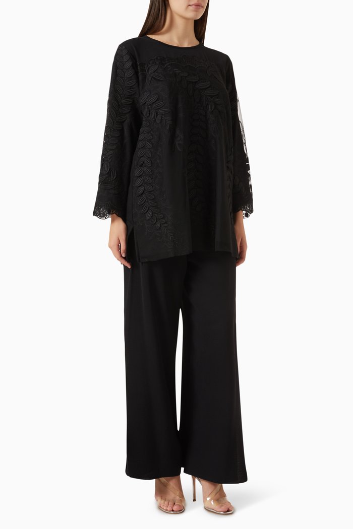 

2-piece Embroidered Top & Pants Set, Black