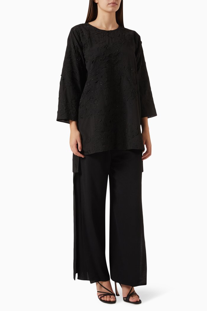 

2-piece Embellished Top & Pants Set in Cotton-blend, Black